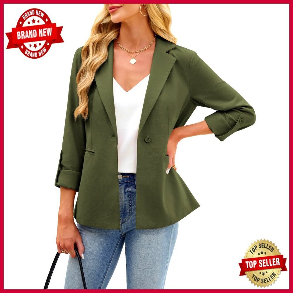 Linen Cotton Blazer Full Lining Rolled Sleeve Open Front Work Office